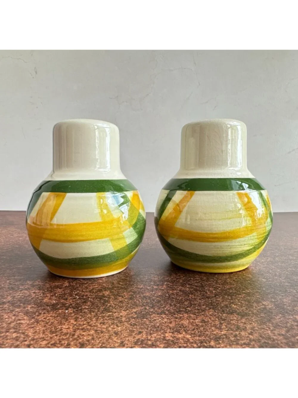 Vernon Kilns Gingham Salt Pepper Shakers Vintage Green Yellow Plaid Pottery